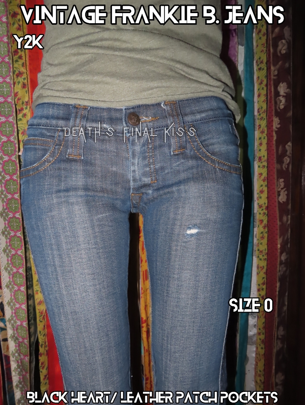 Y2K 🖤 HTF Frankie B. Ultra Low Rise Jeans Black Heart Leather Patched Pockets 0 - Picture 4 of 11